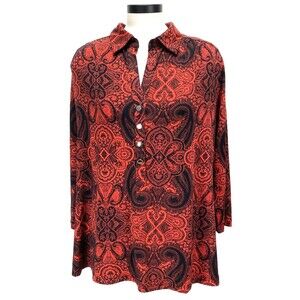 Alfani Women 2X Blouse Red/Black Geo-Print Stretch 1/2 Button Pull Over Tunic